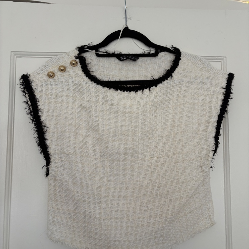 Zara Cream and Black Fringed Blouse with Gold Button Accents